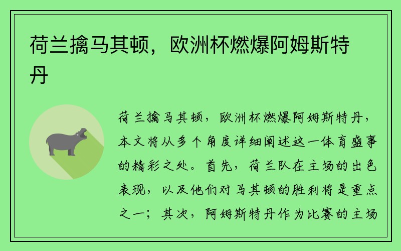 荷兰擒马其顿,欧洲杯燃爆阿姆斯特丹